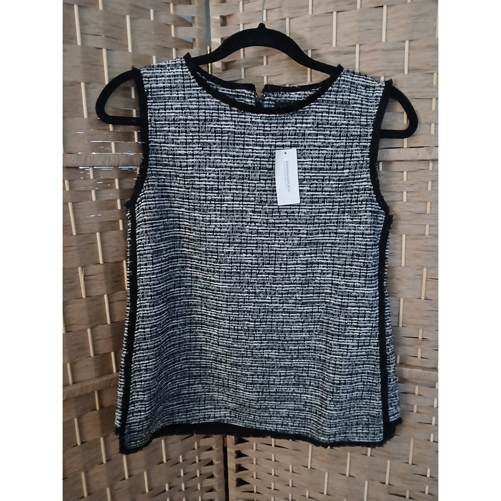 NWT Banana Republic Women's Black  White Sleeveless Tweed Top Sz S Fringe Office